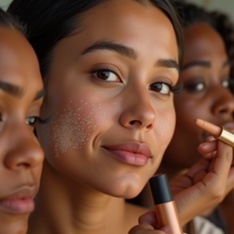 Mulheres diversas aplicando corretivo acessível, pele impecável.