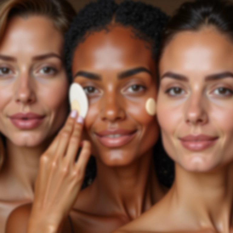 Mulheres diversas aplicando corretivo com aplicador de esponja.