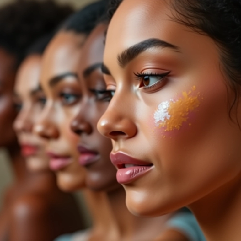 Mulheres diversas aplicando corretivos coloridos em seus rostos.