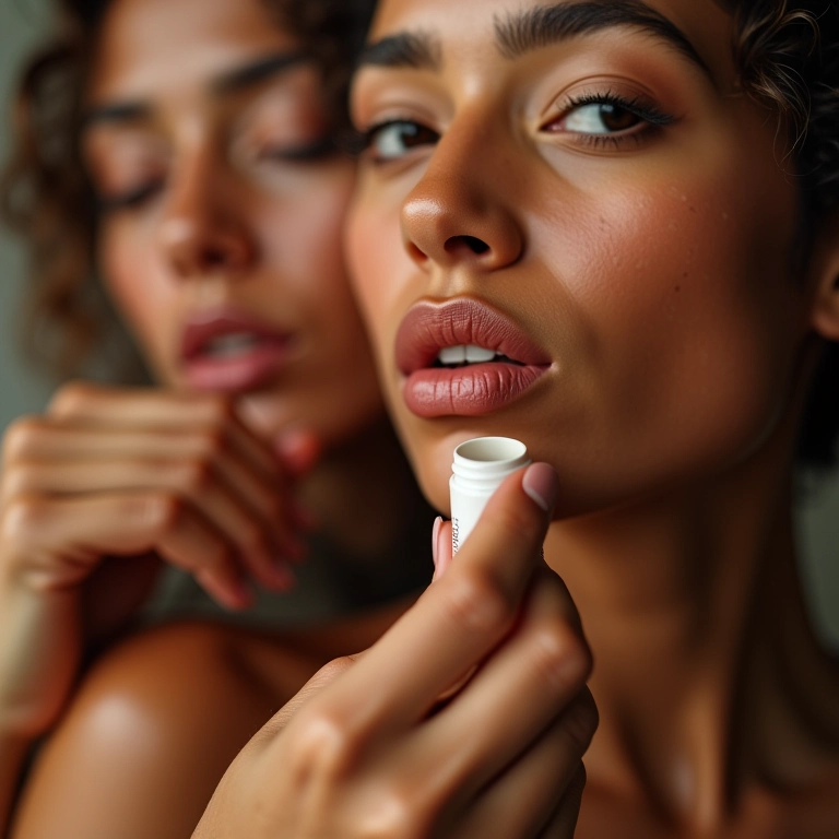 Mulheres diversas aplicando hidratante labial.