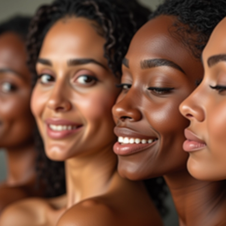 Mulheres diversas aplicando iluminador e primer, mostrando diferentes tons de pele.