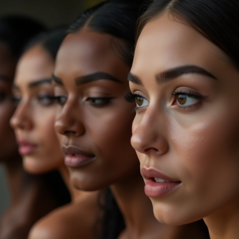 Mulheres diversas aplicando maquiagem de contorno cinza.