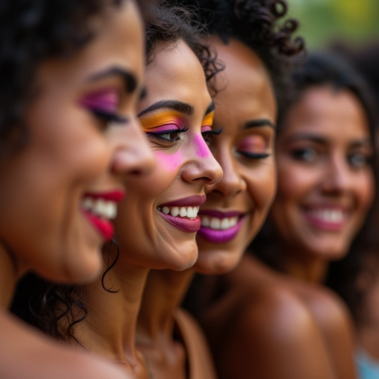 Mulheres diversas aplicando maquiagem festiva colorida.
