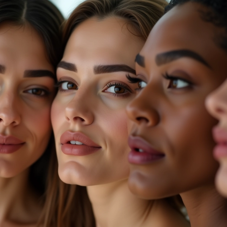 Mulheres diversas aplicando maquiagem nas sobrancelhas.