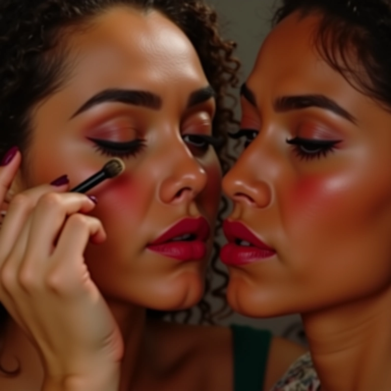 Mulheres diversas aplicando maquiagem, uma com vermelhidão, sinal de possível alergia.