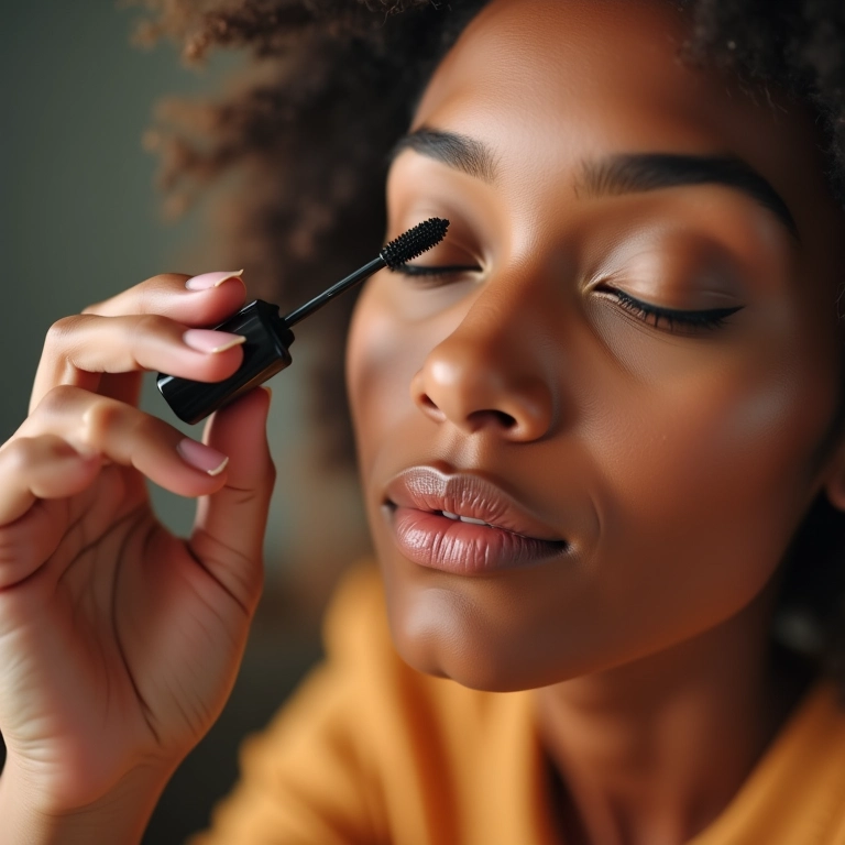 Mulheres diversas aplicando máscara para cílios, mostrando o resultado de cílios longos e definidos.