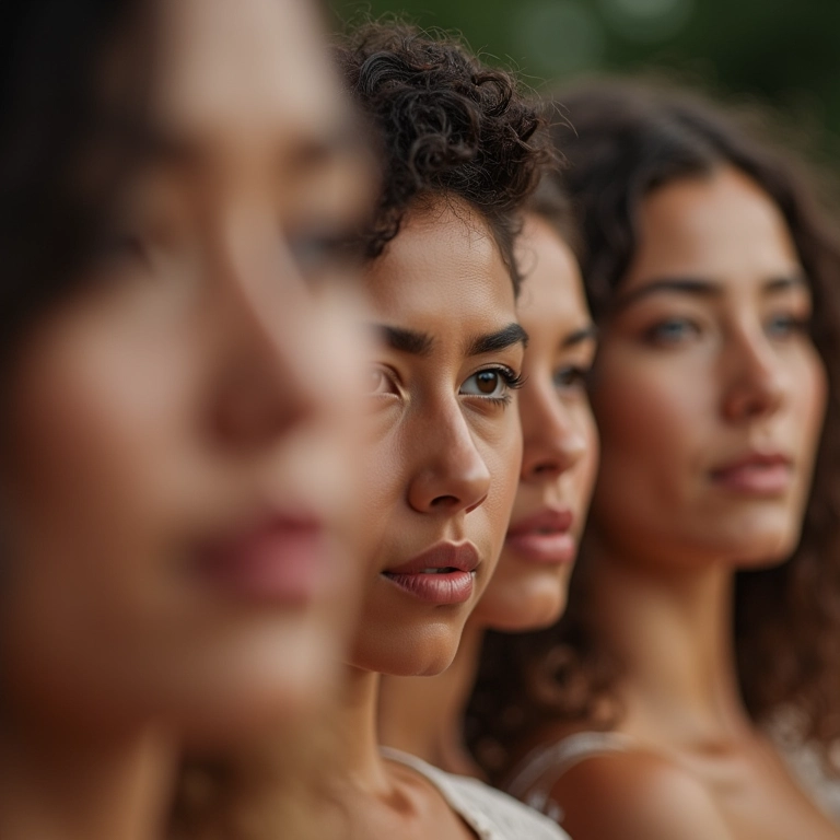 Mulheres diversas aplicando pó facial para evitar efeito fantasma em fotos.