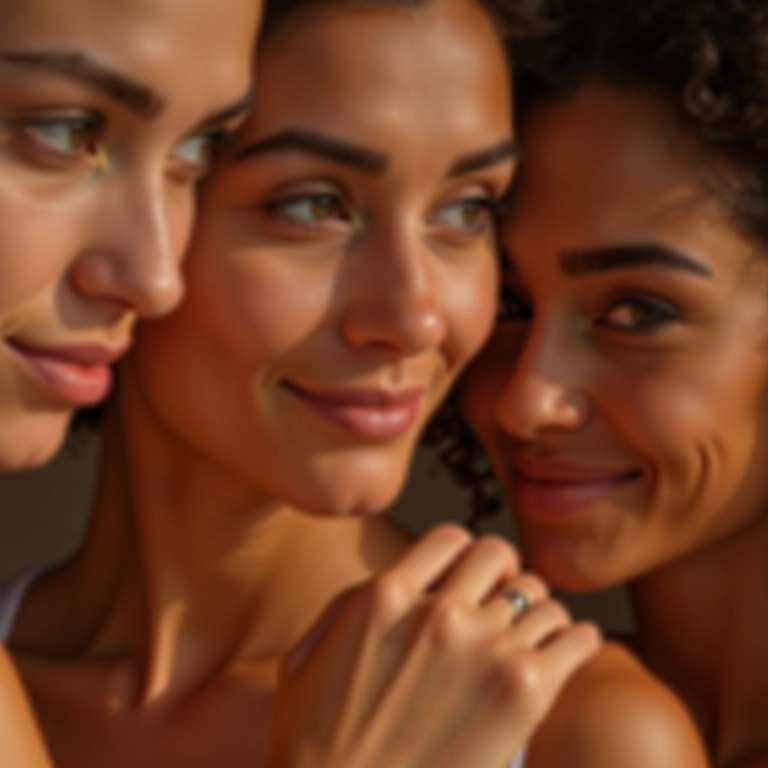 Mulheres diversas aplicando pó solto mineral vegano para uma beleza natural.