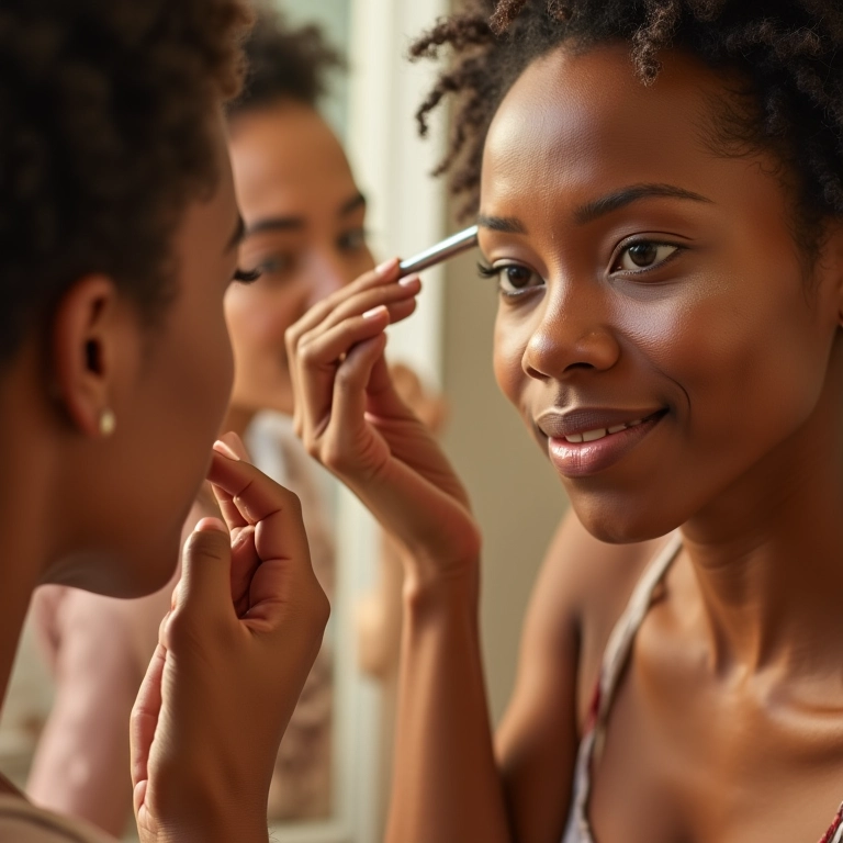 Mulheres diversas aplicando primer em banheiro vibrante.