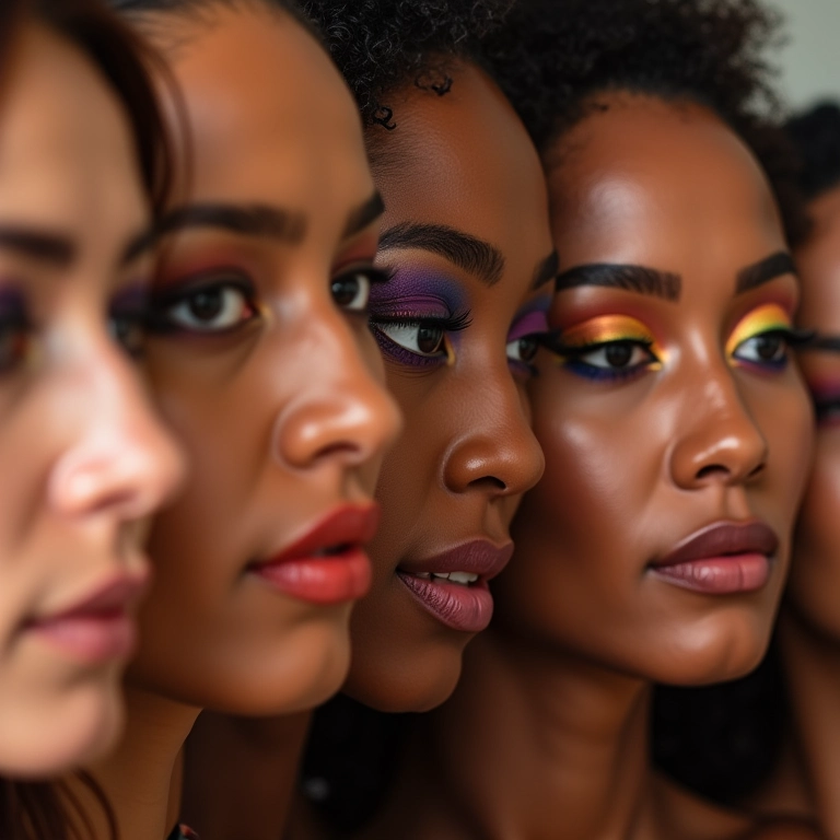 Mulheres diversas experimentando paletas de sombras coloridas.