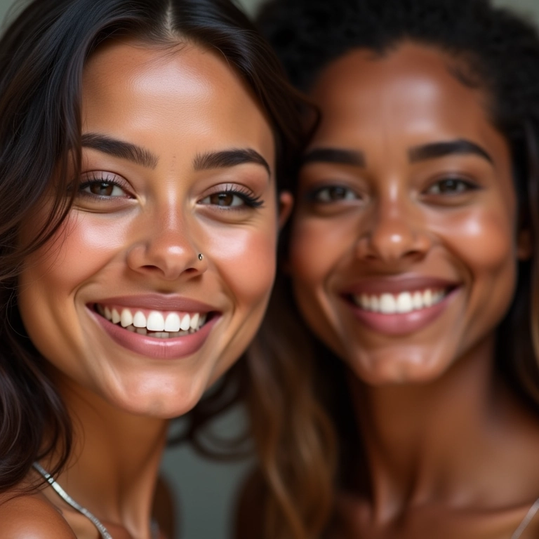 Mulheres diversas sorrindo com pele perfeita, usando corretivo de longa duração.
