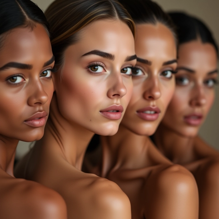 Mulheres diversas testando diferentes tipos de base em seus rostos.