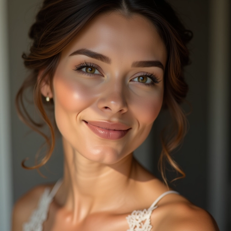 Noiva com contorno facial perfeito e iluminador nas maçãs do rosto.