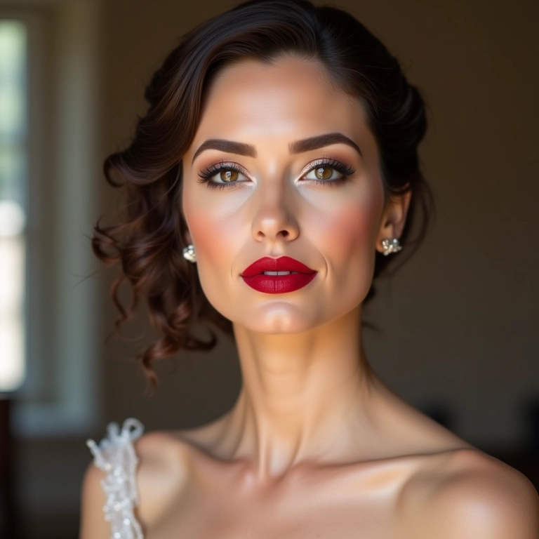 Noiva com maquiagem clássica, batom vermelho, delineador definido e pele impecável.