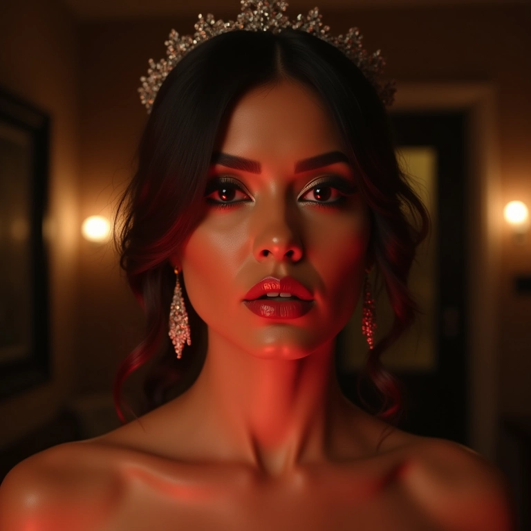 Noiva com maquiagem glamourosa para casamento à noite, lábios vermelhos e olhos esfumados.