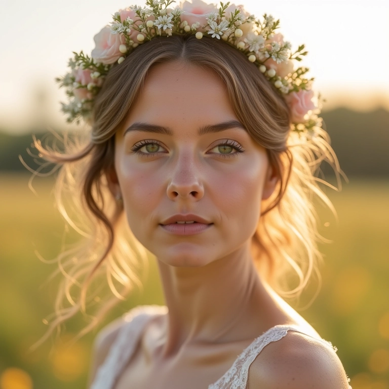 Noiva com maquiagem leve para casamento ao ar livre, coroa de flores.
