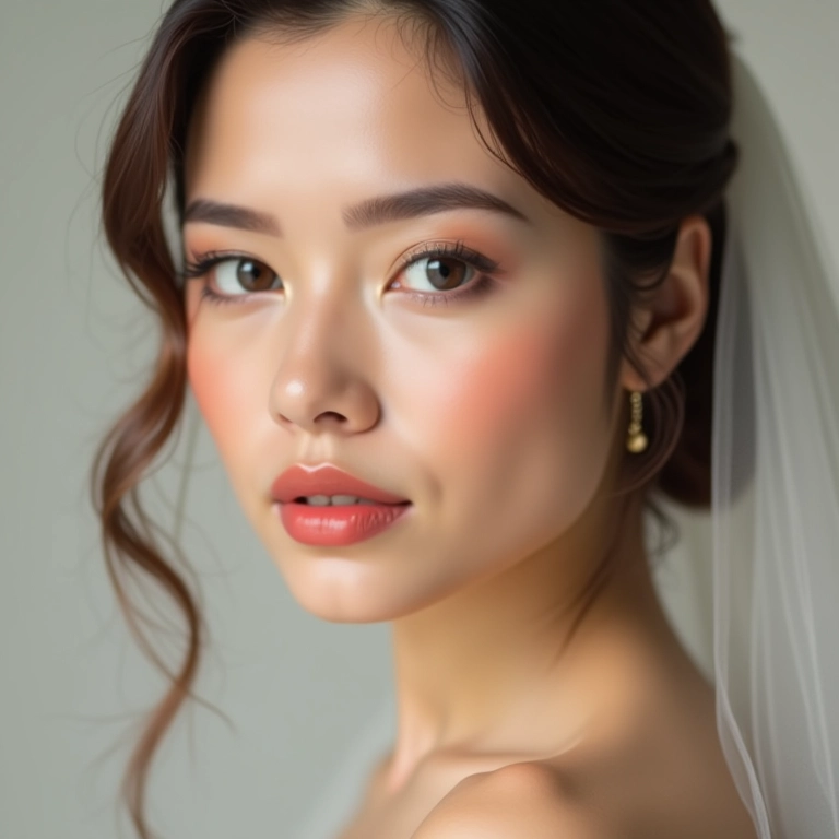 Noiva com maquiagem minimalista, pele limpa e batom sutil.