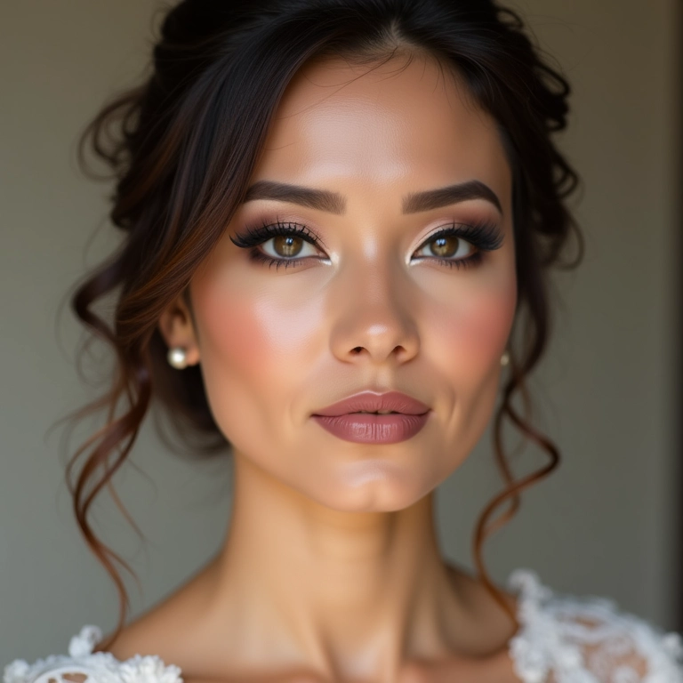 Noiva com maquiagem moderna, delineador gráfico, sombra ousada e pele luminosa.