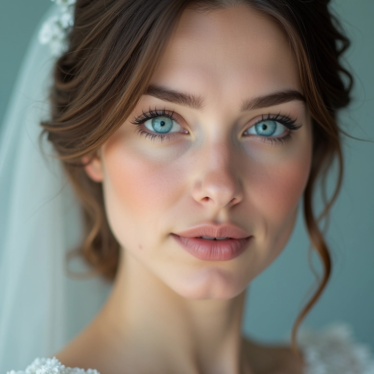 Noiva com olhos azuis, maquiagem suave em tons frios.