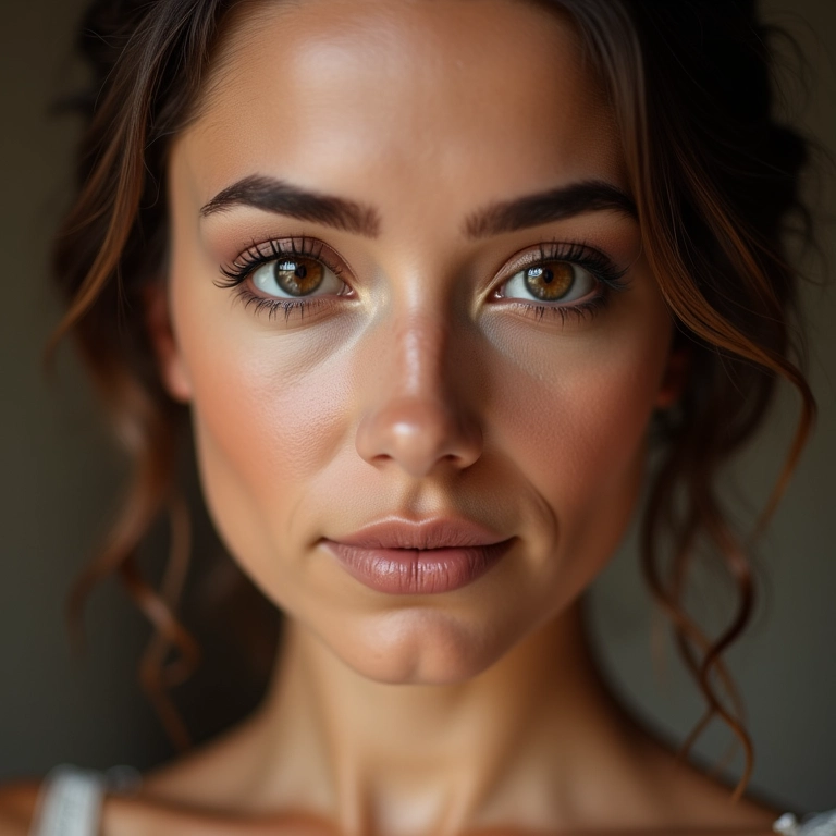Noiva com olhos castanhos, maquiagem natural em tons terrosos.