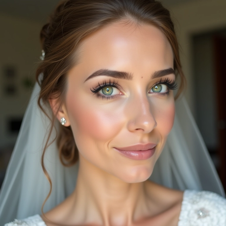 Noiva com olhos verdes, maquiagem sutil em tons neutros.