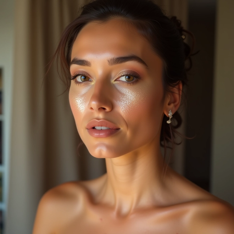 Noiva com osso das bochechas e decote realçados com brilho corporal.