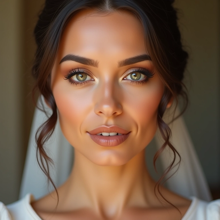 Noiva com pele morena, maquiagem quente, sombra bronze e batom nude.