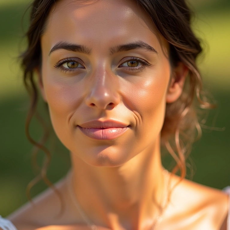 Noiva com pele viçosa usando iluminador líquido em casamento ao ar livre.