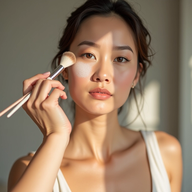 Noiva de pele clara aplicando iluminador perolado suave.