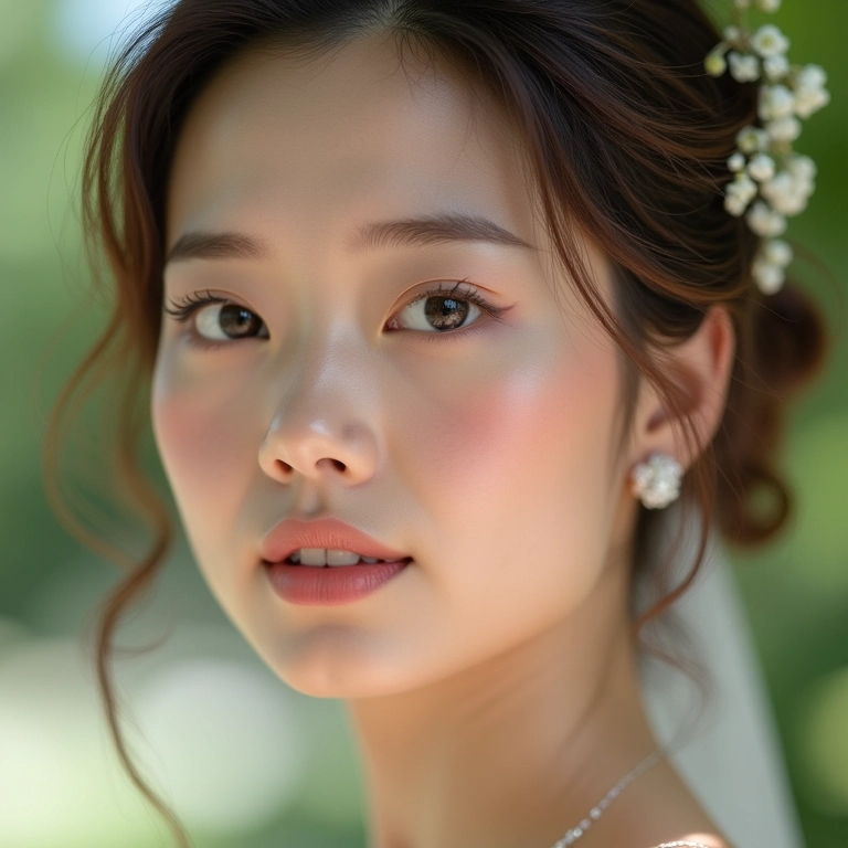 Noiva de pele clara com maquiagem rosada suave para casamento de dia.