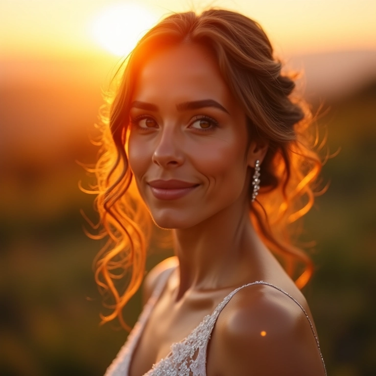 Noiva na hora dourada com iluminador champagne sutil.