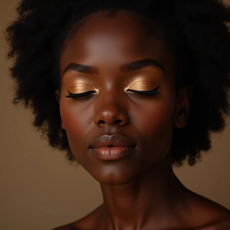 Noiva negra com iluminador dourado e maquiador profissional.