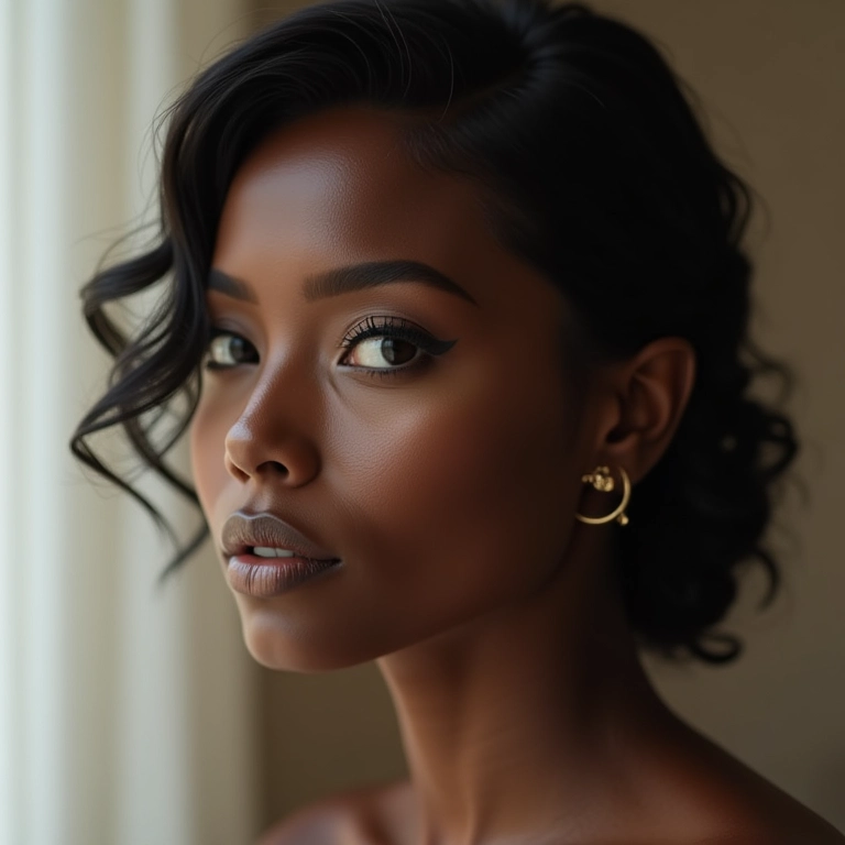 Noiva negra com maquiagem nude elegante para casamento de dia.