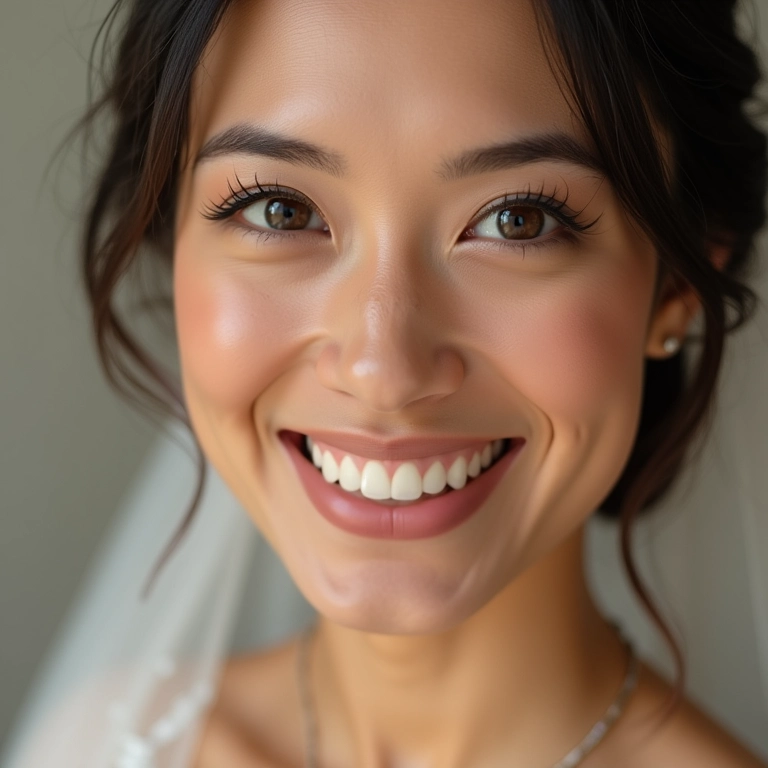 Noiva sorrindo com maquiagem natural para casamento de dia.