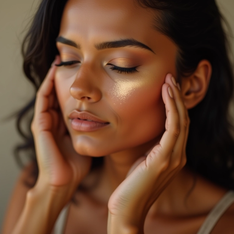 O iluminador realçando os traços na maquiagem indiana.