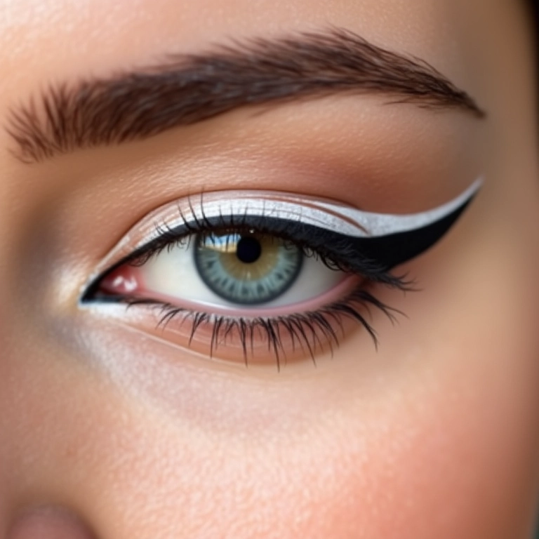Olho feminino com delineado branco vibrante.