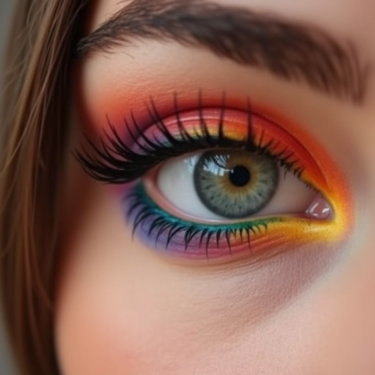 Olho feminino com delineador colorido na pálpebra inferior, toque sutil de cor.