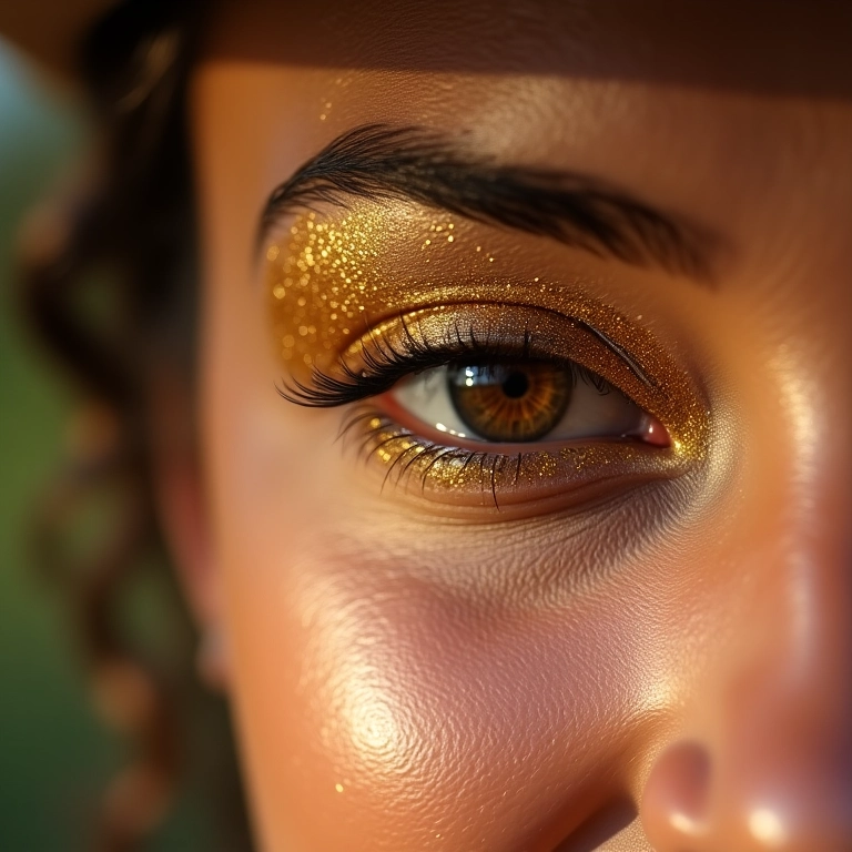 Olho feminino com sombra dourada e glitter, maquiagem vibrante.