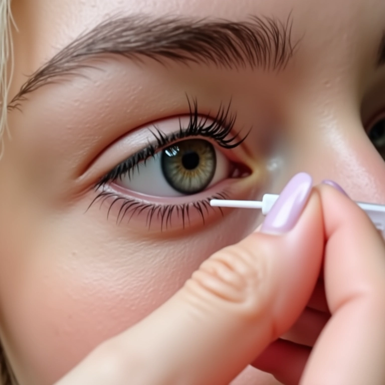Olho sensível recebendo aplicação de cola para cílios hipoalergênica.
