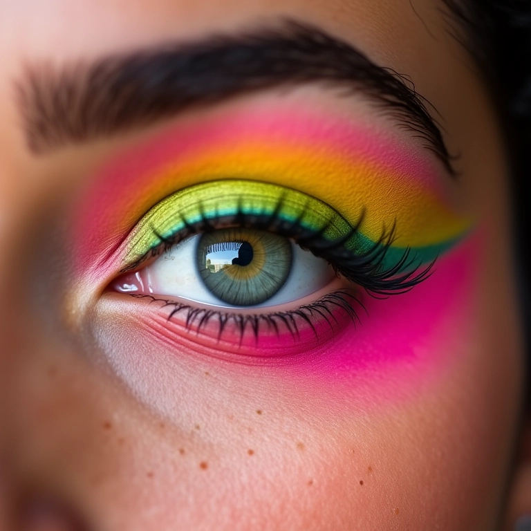 Olhos com sombras neon vibrantes em tons de rosa, amarelo e verde.