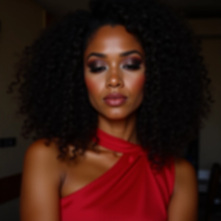 Olhos esfumados em tons neutros combinados com vestido vermelho.