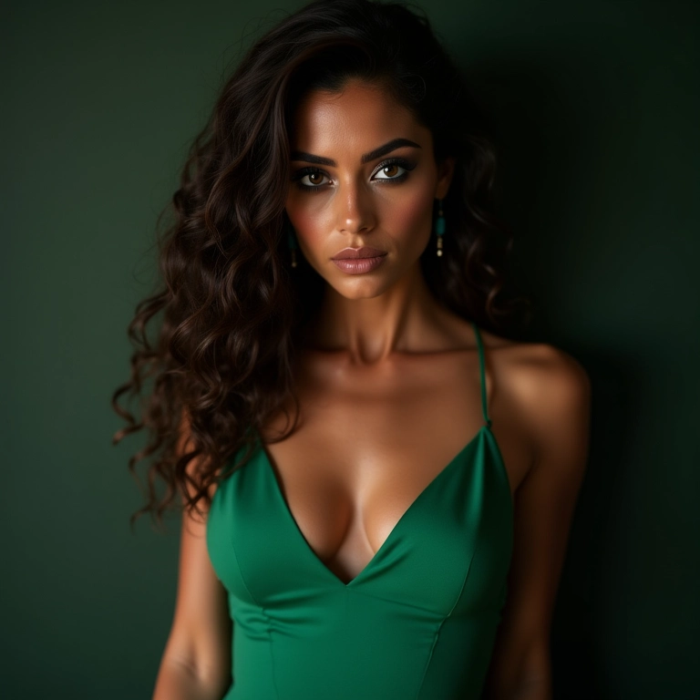 Olhos marcados com sombra preta e vestido verde.