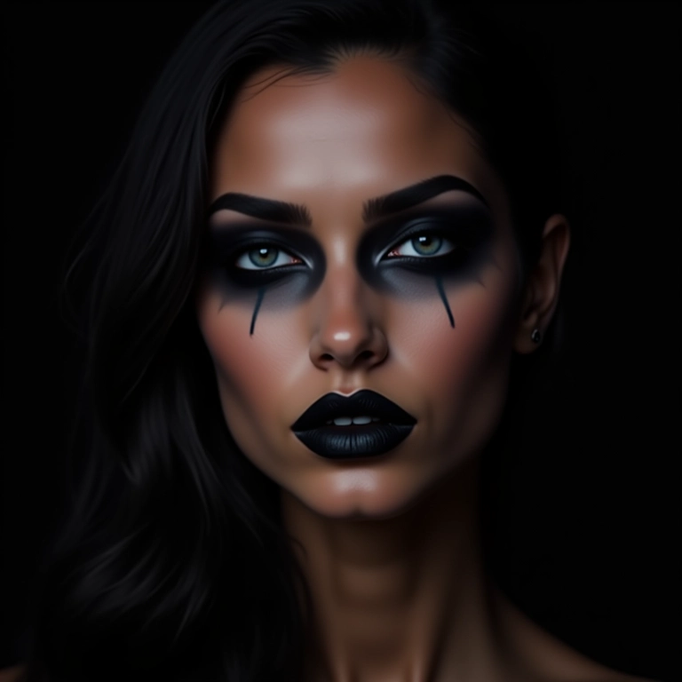 Olhos marcantes com sombra escura e esfumada, definindo o olhar gótico profundo e expressivo.