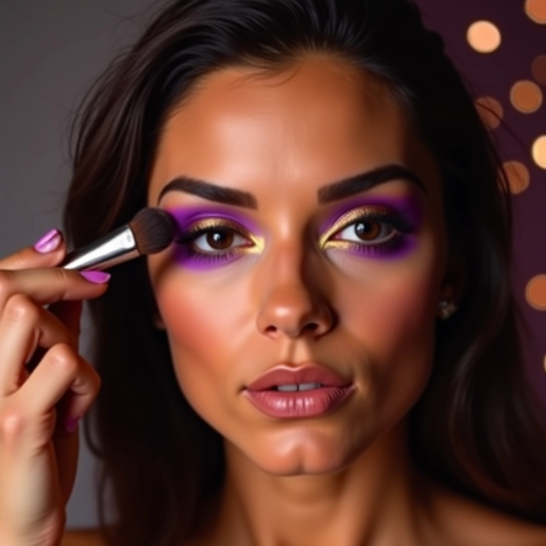 Olhos marcantes com sombra vibrante roxa e dourada.