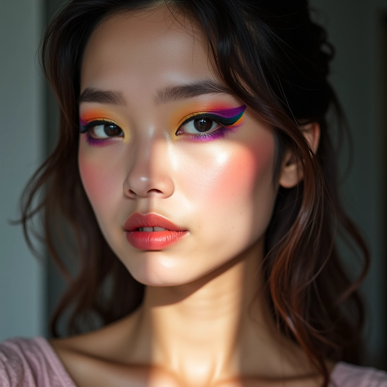 Olhos vibrantes com maquiagem colorida em mulher oriental.