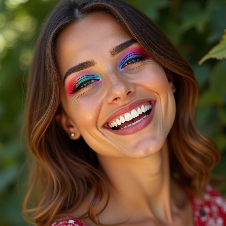 Olhos vibrantes com sombras coloridas em maquiagem dos anos 80.