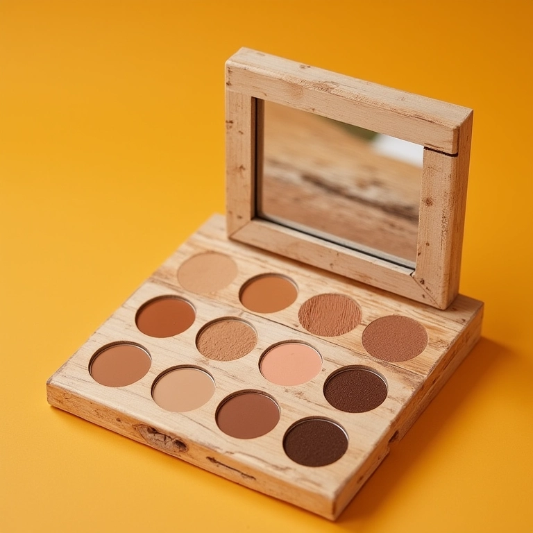 Paleta de maquiagem DIY feita com paletes de madeira, mostrando bases acessíveis.