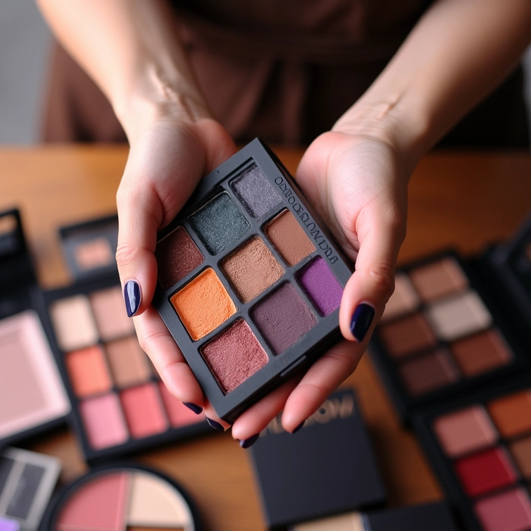 Paleta de sombras colorida com etiqueta de preço.