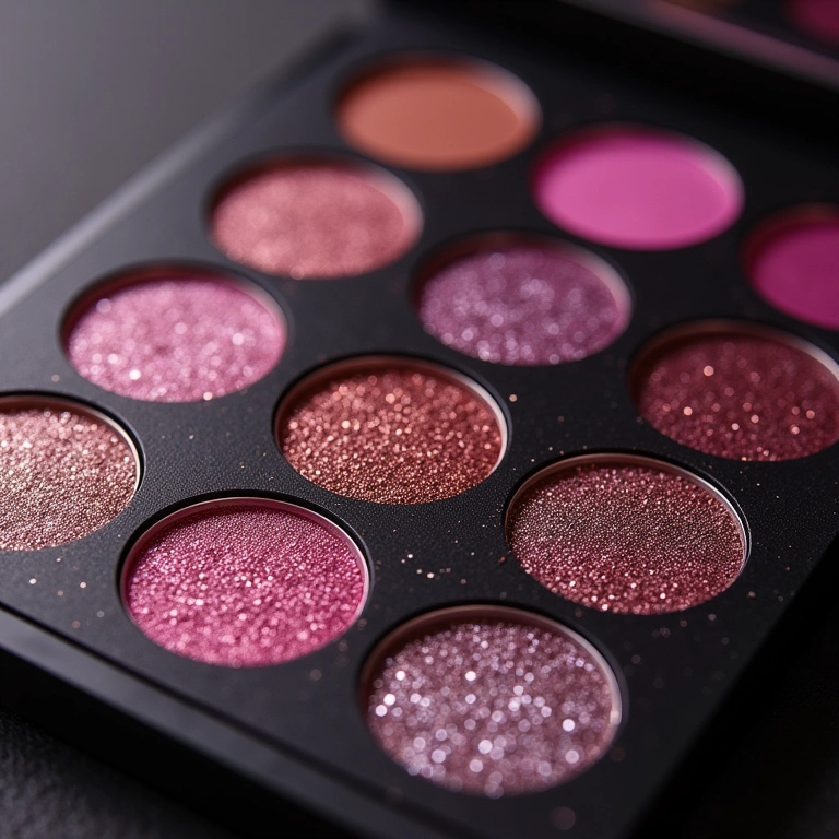 Paleta de sombras com glitter mostrando diferentes texturas.