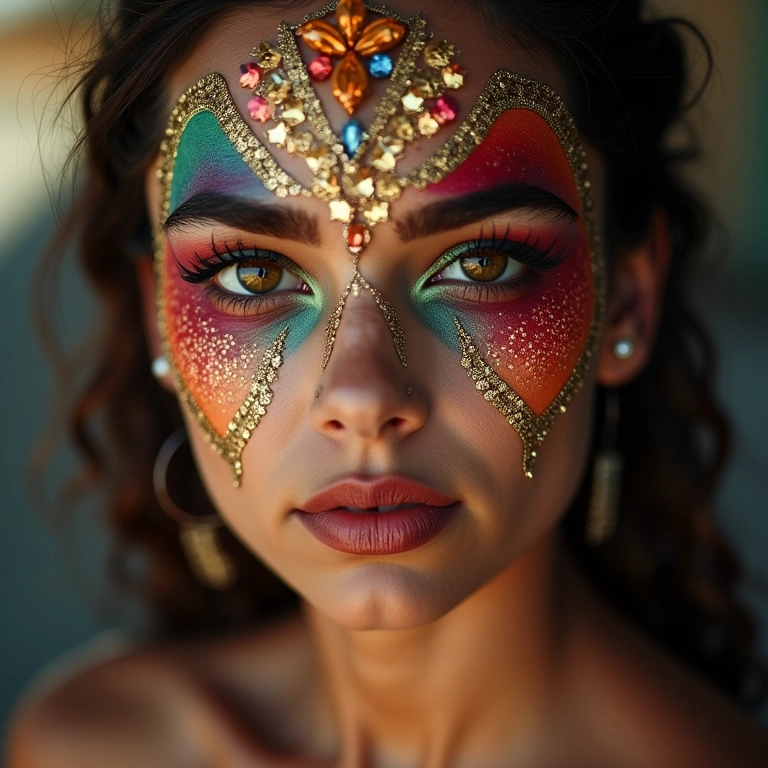 Pedrarias e adesivos faciais na maquiagem de carnaval.